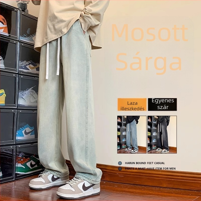 Kamaszoknak szóló egyenes szabású farmer, nyári laza viselet, mosott denim, széles szár, amerikai utcai stílus, sárgás iszap színű farmer