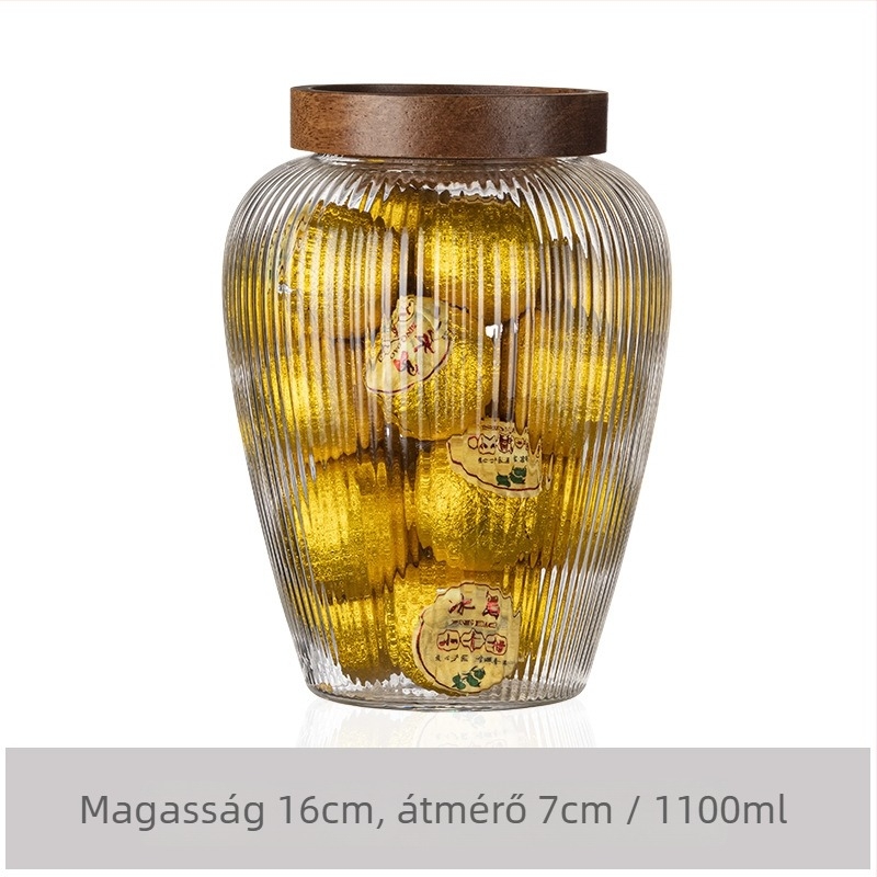 Magas bóroszilikát üvegből készült teás- és nassolnivaló tároló, zárható edény, kapacitás 300 ml alatt