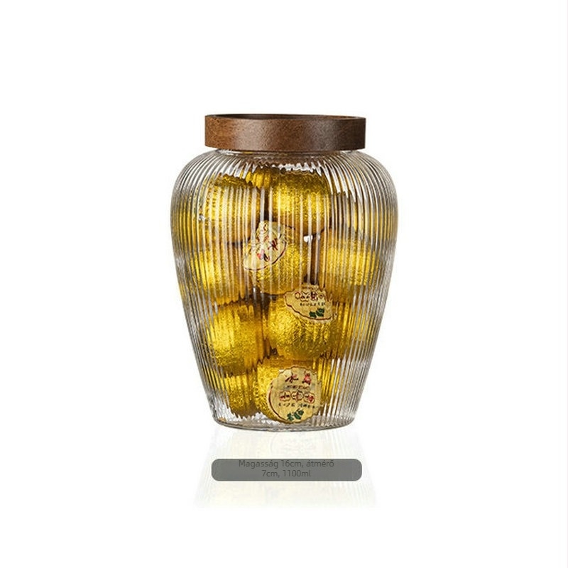 Magas bóroszilikát üvegből készült teás- és nassolnivaló tároló, zárható edény, kapacitás 300 ml alatt