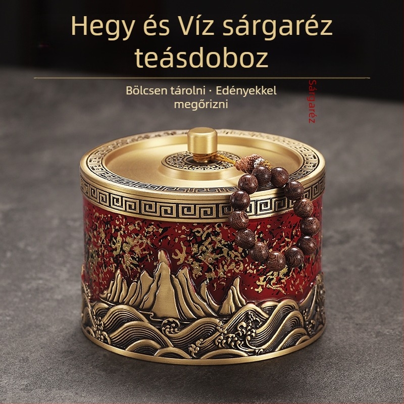Nagy zárható sárgaréz teásdoboza Pu-erh teához, hordozható tároló