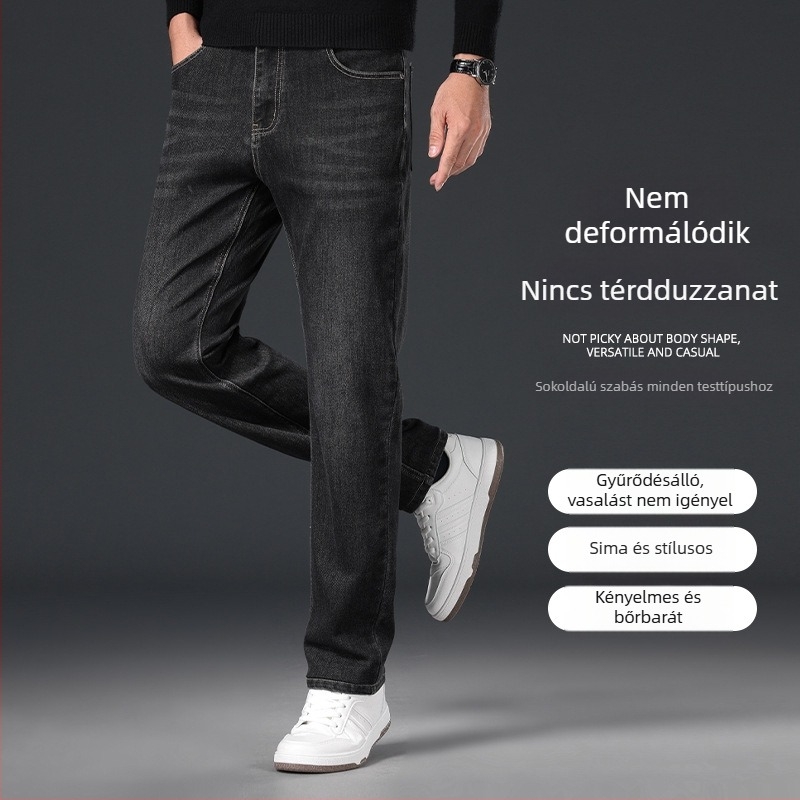 Férfi farmernadrág ősz-télre, rugalmas, casual, egyenes szabású, széles szárú, fleece béléssel