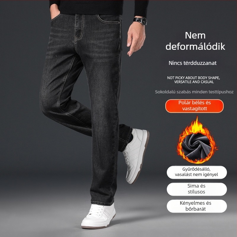 Férfi farmernadrág ősz-télre, rugalmas, casual, egyenes szabású, széles szárú, fleece béléssel