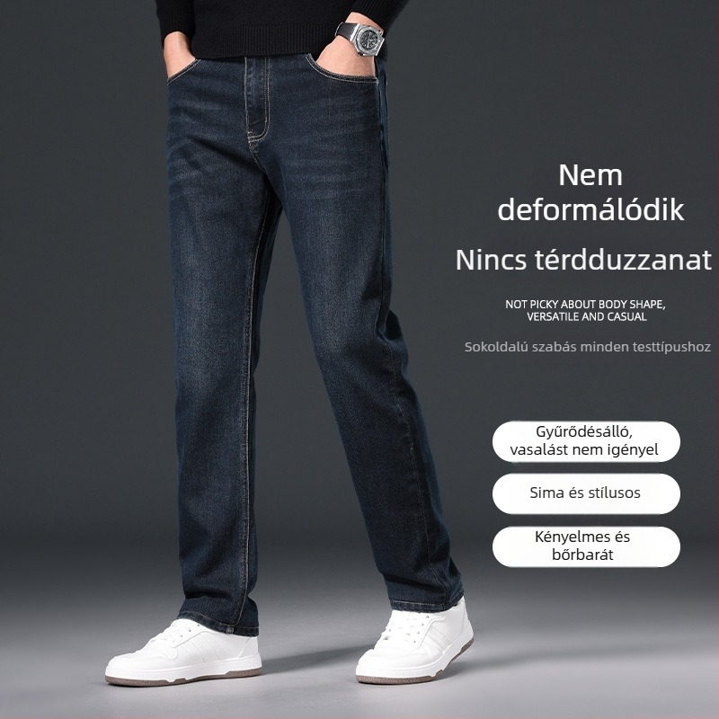 Férfi farmernadrág ősz-télre, rugalmas, casual, egyenes szabású, széles szárú, fleece béléssel