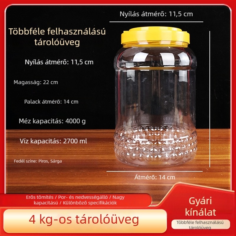 4 kg mézes műanyag üveg, átlátszó PET tároló, széles szájú 11,5 cm, fedéllel
