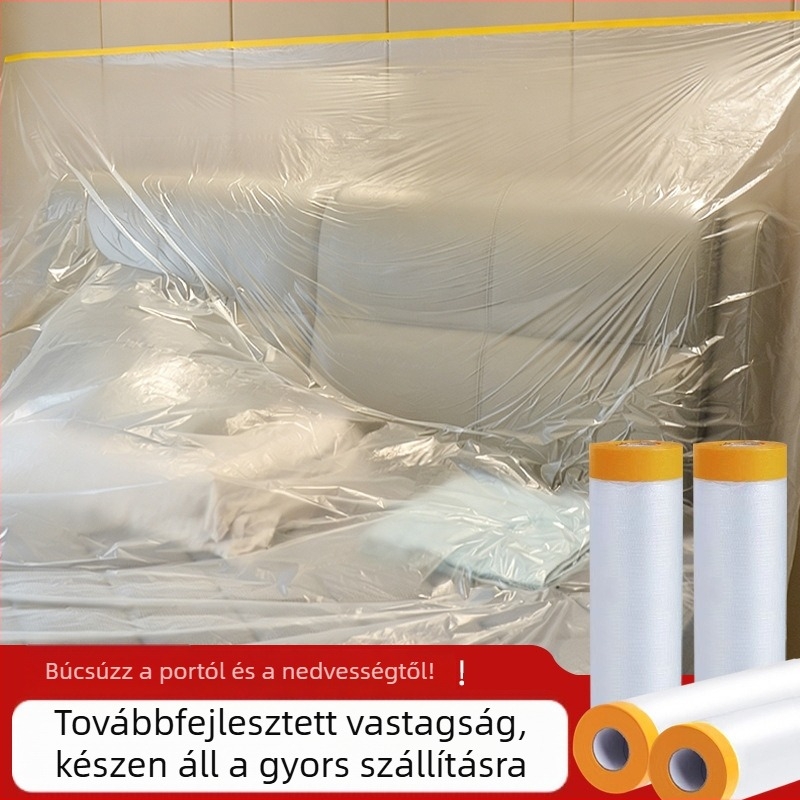Otthoni porvédő műanyagfilmes ágynemű- és bútorvédő huzat, egyszer használatos felújításokhoz