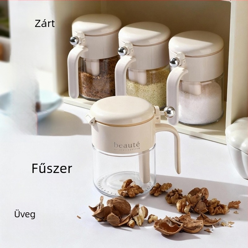 Zárható fűszertartó üveg mérőkanállal, nedvességálló üveges só- és fűszerkészlet