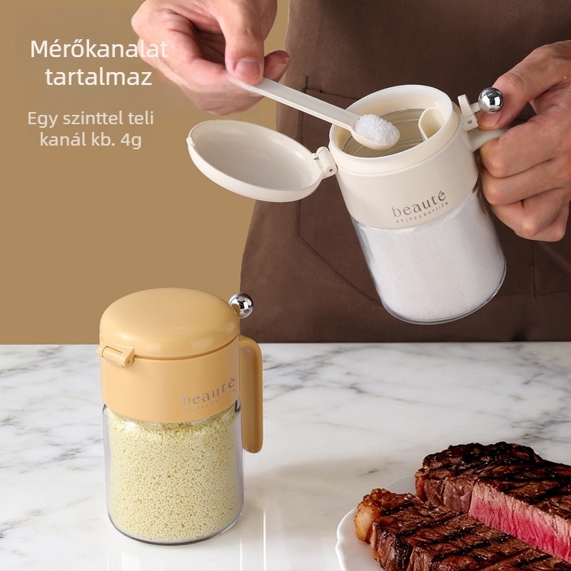 Zárható fűszertartó üveg mérőkanállal, nedvességálló üveges só- és fűszerkészlet