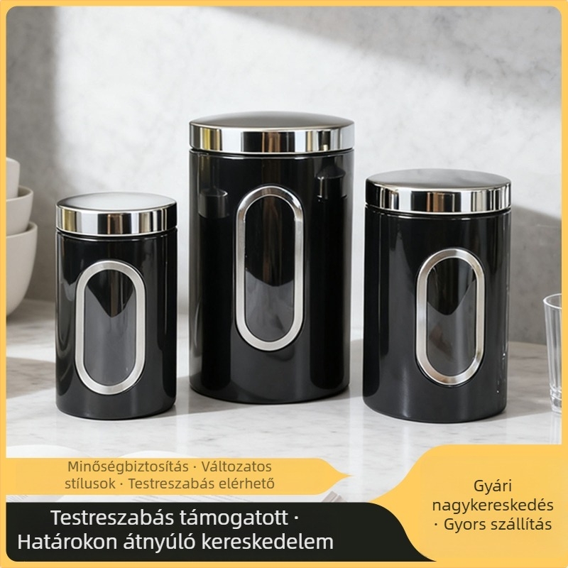 Rozsdamentes acél tároló üveg átlátszó ablakkal, légmentesen záródó, gabonák, tea és kávészemek tárolására