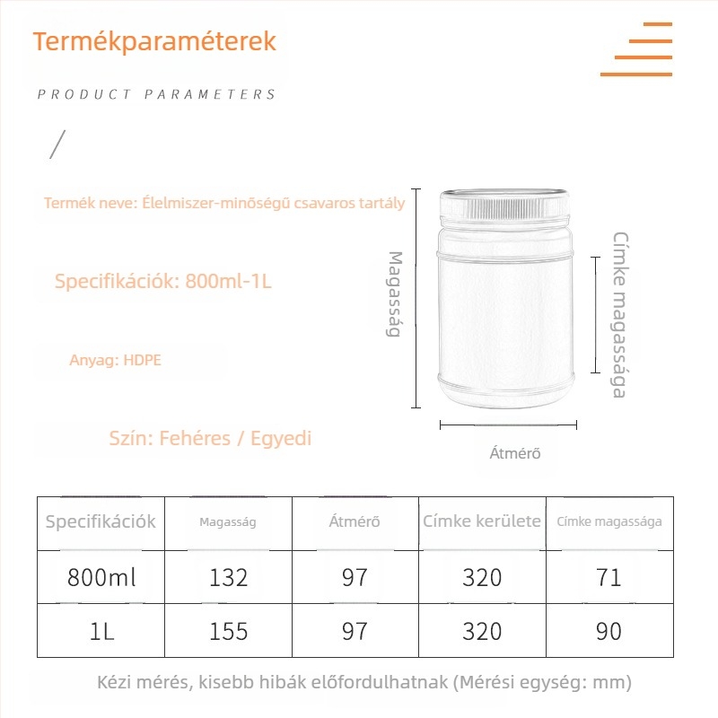 PP műanyag tartály széles szájú kivitelben élelmiszer- és vegyi csomagoláshoz, 800 ml / 1 L / 2 L, fedéllel, modell ZF-1LB