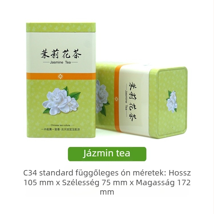 C34 négyszögletes fémdoboz jázmin és Biluochun teához, 250 g, zöld.