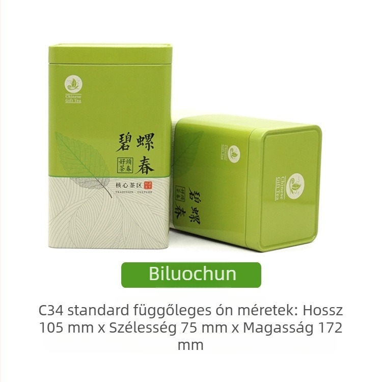 C34 négyszögletes fémdoboz jázmin és Biluochun teához, 250 g, zöld.
