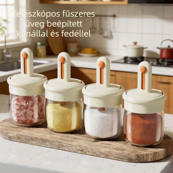 Üvegből készült teleszkópos fűszertartó beépített kanállal és fedővel, konyhai fűszerekhez, légmentesen záró sótartó