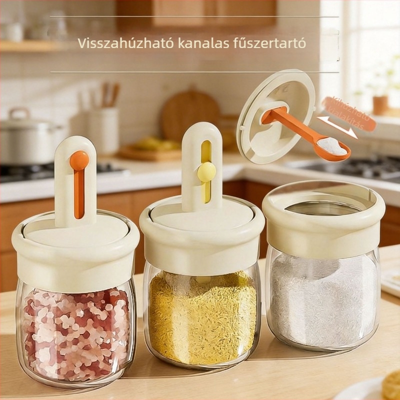 Üvegből készült teleszkópos fűszertartó beépített kanállal és fedővel, konyhai fűszerekhez, légmentesen záró sótartó