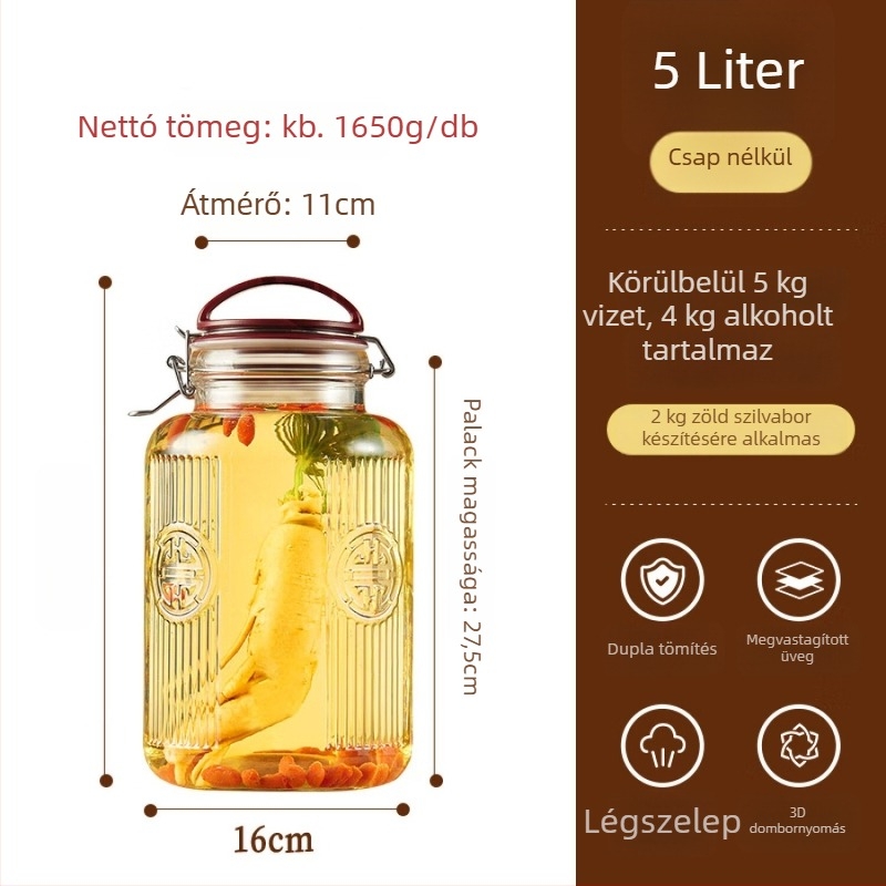 Vastag üvegű tartály bor készítéséhez, zárható csavaros kupakkal és szellőző szeleppel, nagy kapacitású, otthoni használatra.