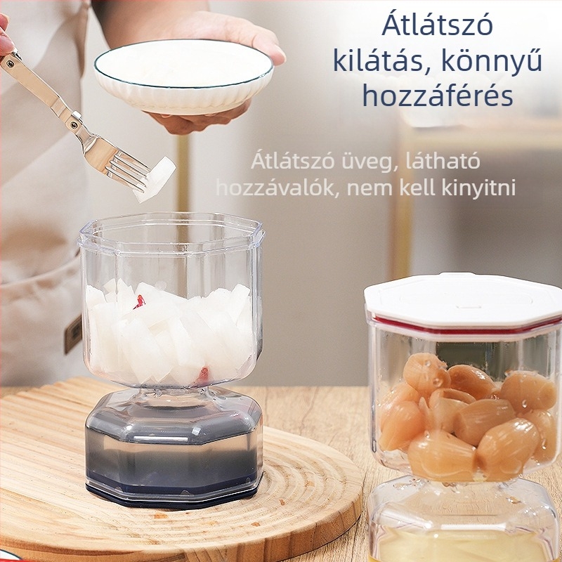 Száraz–nedves szétválasztású savanyúságos üveg, légmentesen záró fedél, óraszerű dizájn, 800–1000 ml