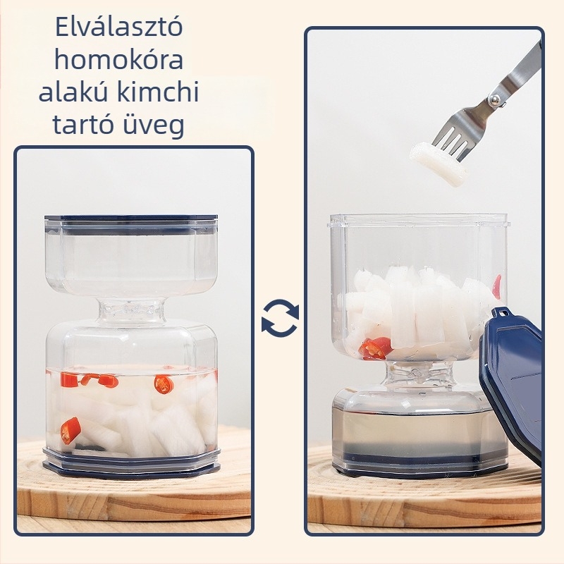 Száraz–nedves szétválasztású savanyúságos üveg, légmentesen záró fedél, óraszerű dizájn, 800–1000 ml
