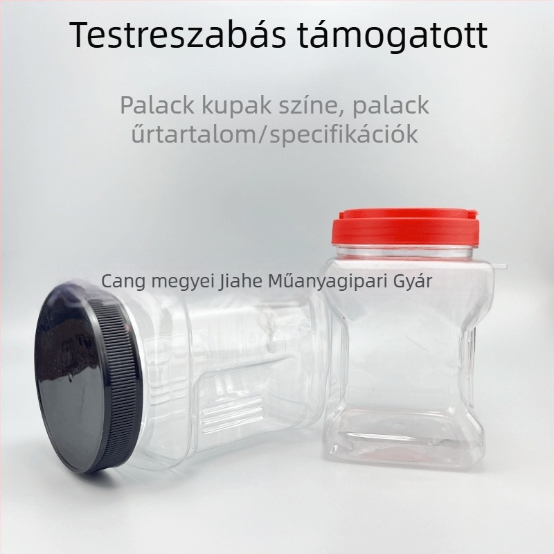 Nagy nyílású, négyzet alakú élelmiszertároló pohár fedővel; többfunkciós tartály gabonáknak, teának, aszalt gyümölcsöknek, pisztáciáknak és szárított marháknak; kézben tartható kialakítás