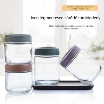 Konyhai üveg zárható tárolóedény — joghurt, zab, kávébabok, dió és nassolnivalók; nedvességálló, hengeres alakú tároló, kapacitás 301–500 ml