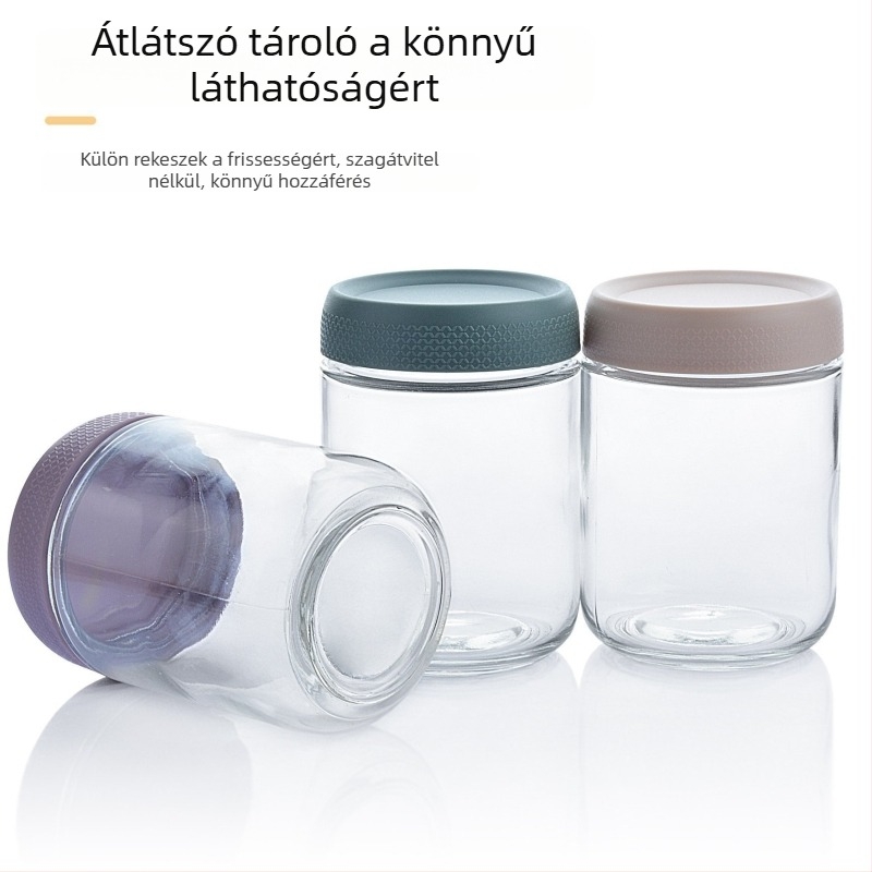 Konyhai üveg zárható tárolóedény — joghurt, zab, kávébabok, dió és nassolnivalók; nedvességálló, hengeres alakú tároló, kapacitás 301–500 ml