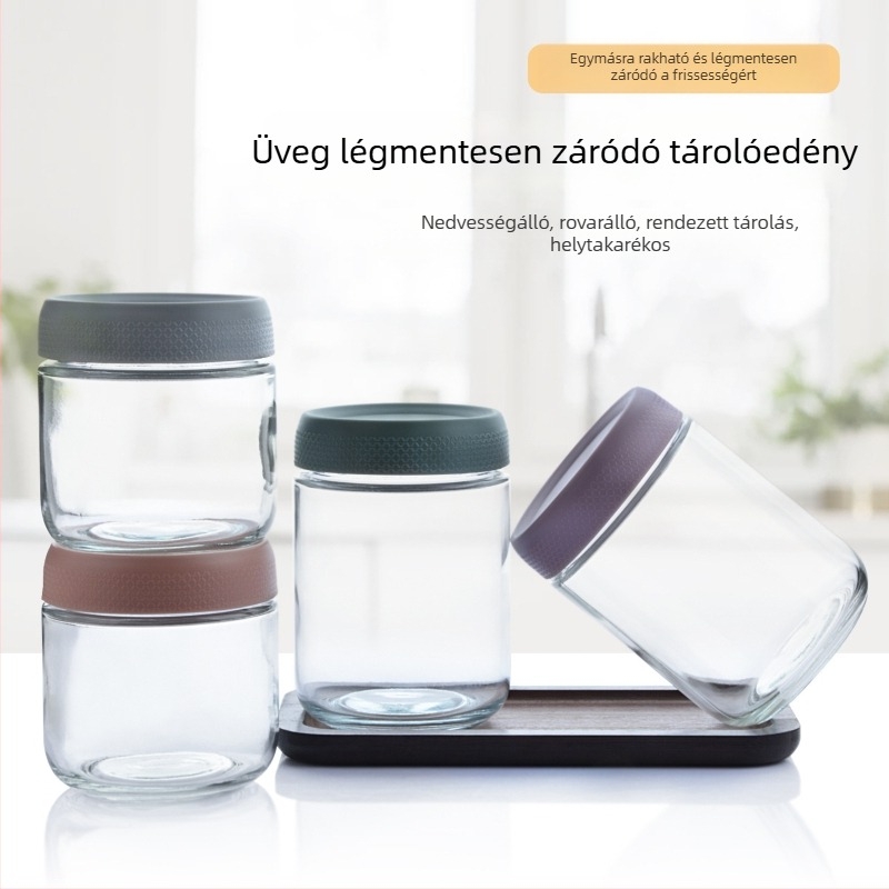 Konyhai üveg zárható tárolóedény — joghurt, zab, kávébabok, dió és nassolnivalók; nedvességálló, hengeres alakú tároló, kapacitás 301–500 ml