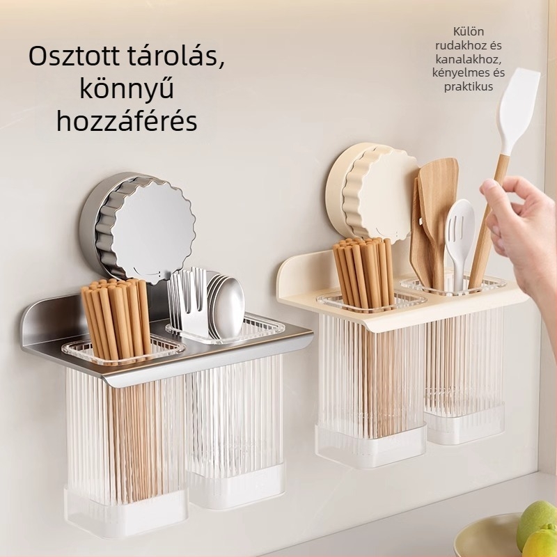 Falra szerelhető szívókorongos tartó evőeszközökhöz és kanalakhoz, vízelvezető konyhai rendező