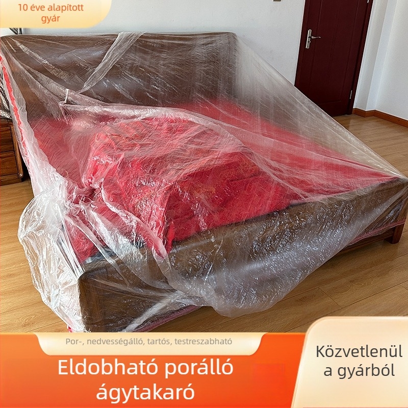 Egyszer használatos bútorhuzat kötőzsinórral, por- és nedvesség elleni védelemmel, teljes fedés átlátszó műanyag fóliával