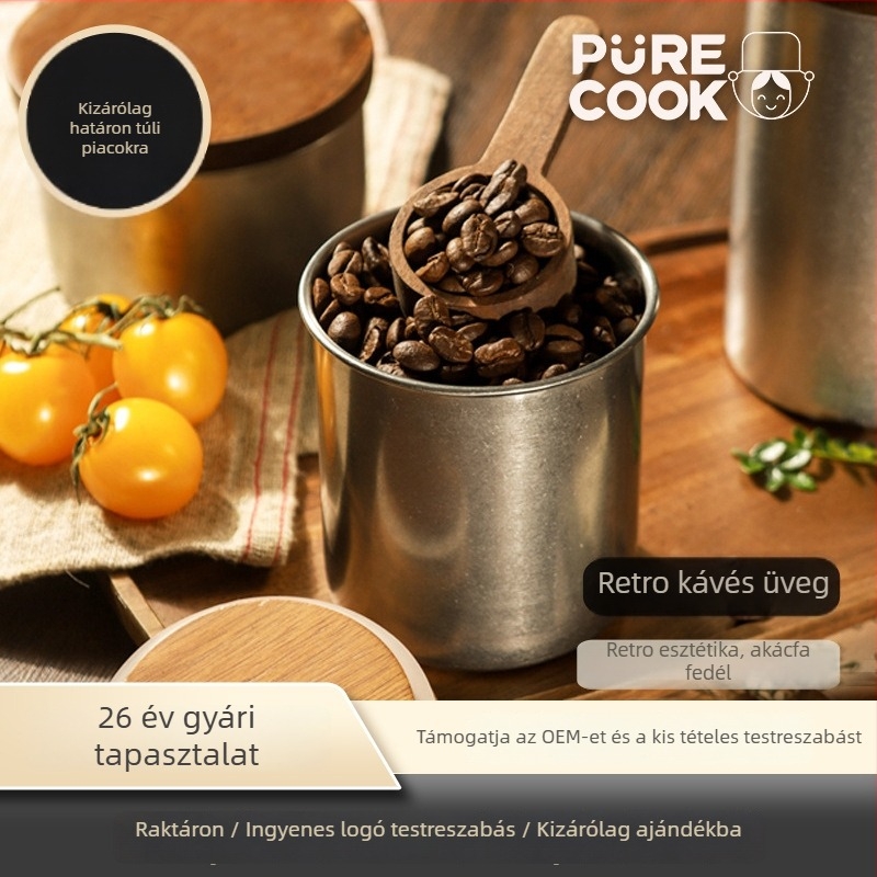 304 rozsdamentes acélból készült retro stílusú zárható tartály fa fedéllel, kávé, matcha por, kávébabok és tea tárolására, 501–800 ml