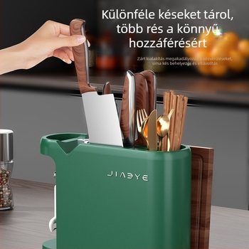 Konyhai multifunkcionális kés- és eszköztartó, vágódeszka-tartó és beépített késélező – minden egy helyen