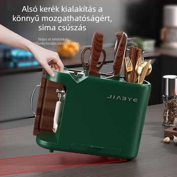 Konyhai multifunkcionális kés- és eszköztartó, vágódeszka-tartó és beépített késélező – minden egy helyen