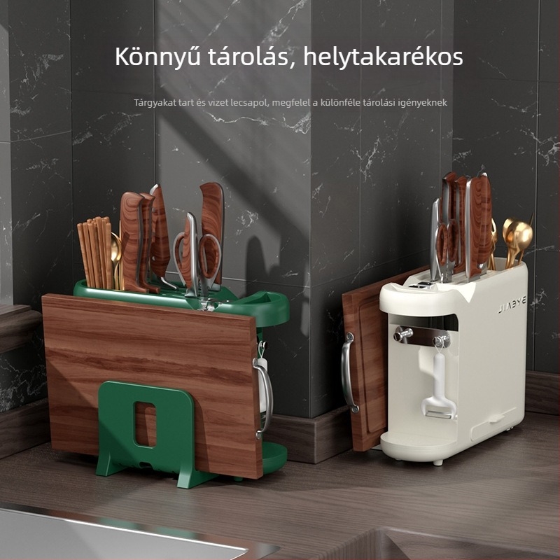 Konyhai multifunkcionális kés- és eszköztartó, vágódeszka-tartó és beépített késélező – minden egy helyen