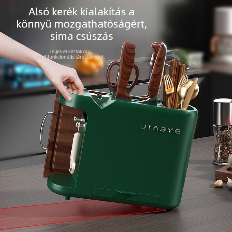 Konyhai multifunkcionális kés- és eszköztartó, vágódeszka-tartó és beépített késélező – minden egy helyen