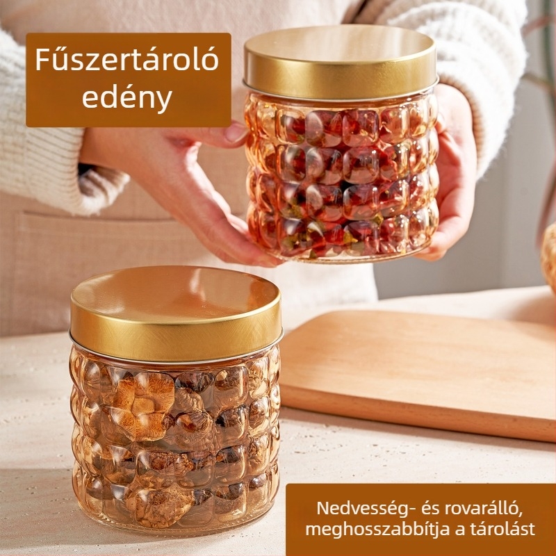 Ambraszínű üveg, légmentesen záródó tároló edény háztartási használatra – dió, nassolnivalók, tea, gabonafélék és mandarinhéj tárolására