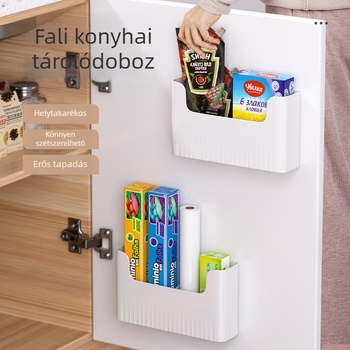 Falihoz rögzíthető konyhai fóliatároló, amely a szekrény ajtajára és a hűtő oldalára szerelhető
