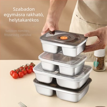 Rozsdamentes acélból készült osztott ételhordó, szivárgásmentes záródással, hűtőben tárolható, mikrózható, hordozható ebédes doboz