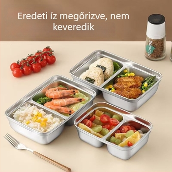 Rozsdamentes acélból készült osztott ételhordó, szivárgásmentes záródással, hűtőben tárolható, mikrózható, hordozható ebédes doboz