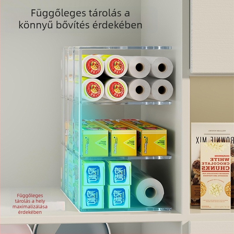 Háromszintes akril polc konyhai fóliák tárolására, hatékony térkihasználás a szekrényben