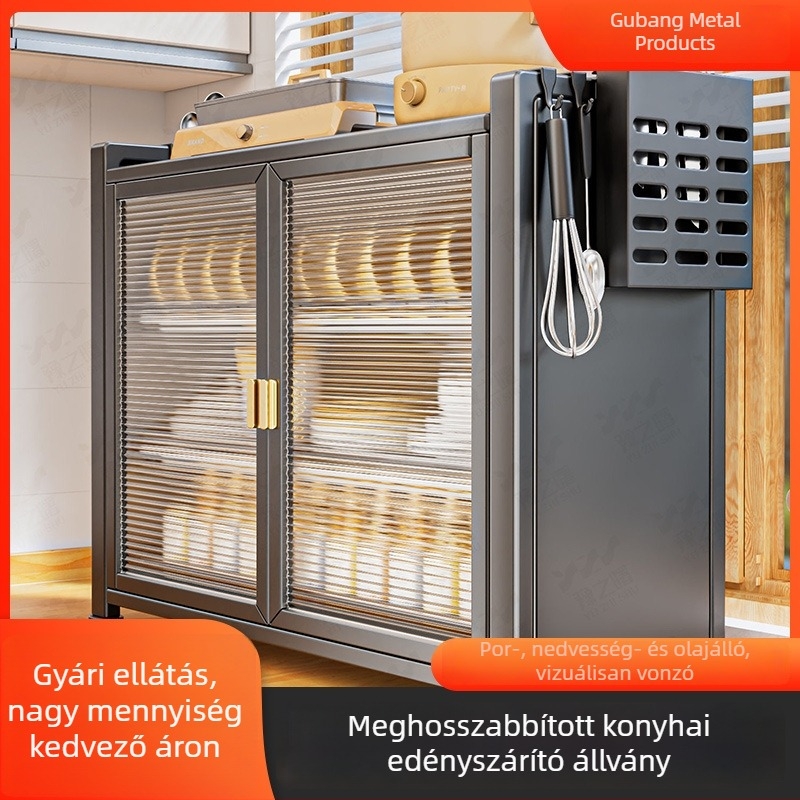 Konyhai edények porvédett hosszított tárolóállvány, 3 szintes asztali polc