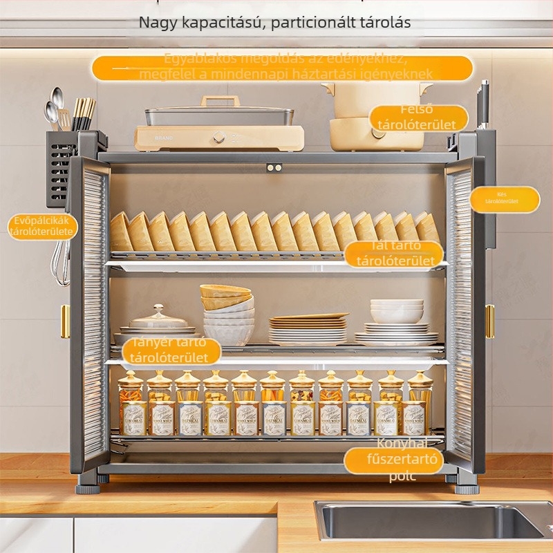 Konyhai edények porvédett hosszított tárolóállvány, 3 szintes asztali polc