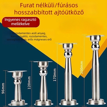Rozsdamentes acélból készült meghosszabbított ajtóütő, mágneses elhelyezés az ajtó mögött, falra szerelve, ütközés elleni védelem