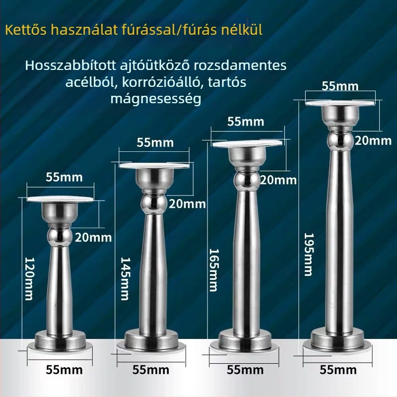 Rozsdamentes acélból készült meghosszabbított ajtóütő, mágneses elhelyezés az ajtó mögött, falra szerelve, ütközés elleni védelem
