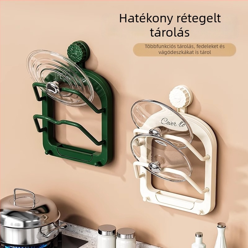 Vákuumos fedő- és fazekastartó, falra szerelhető, fúrás nélküli konyhai rendező, többfunkciós polc vágódeszkákhoz és munkalaphoz