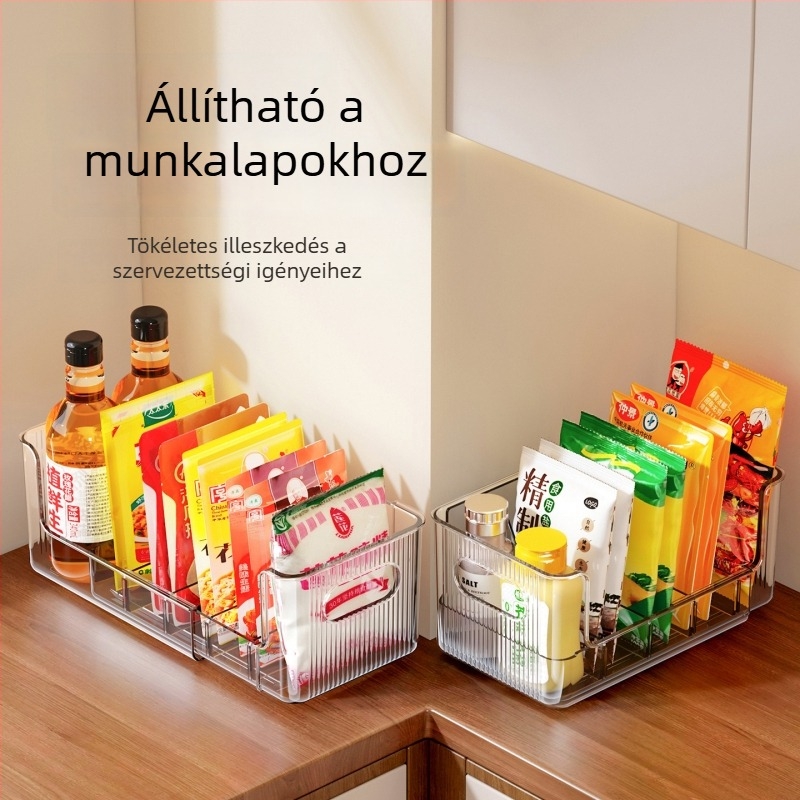 Konyhai fűszerrakó polc toló elválasztóval, átlátszó tároló doboz a pulton és a szekrényben