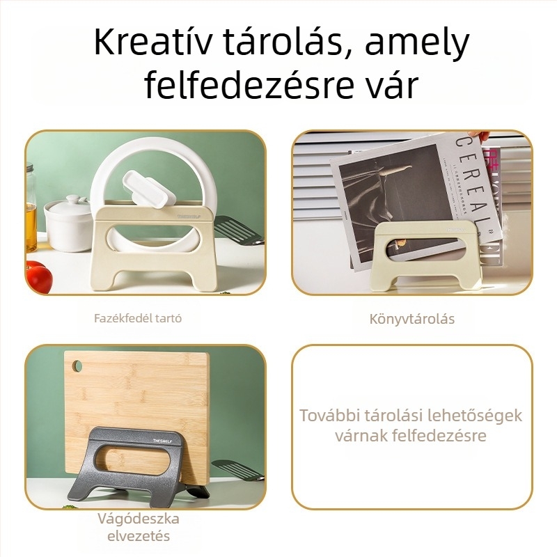 Multifunkcionális konyhai tárolóállvány automatikus nyitás-zárású fedő tartóval és vágódeszka tartóval, padlóra álló polc
