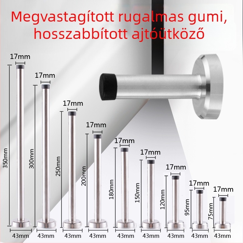 Falra szerelhető ütközésgátló ajtóstop, rozsdamentes acélból, gumi- és műanyag részekkel, üvegajtókhoz, hosszú kivitel