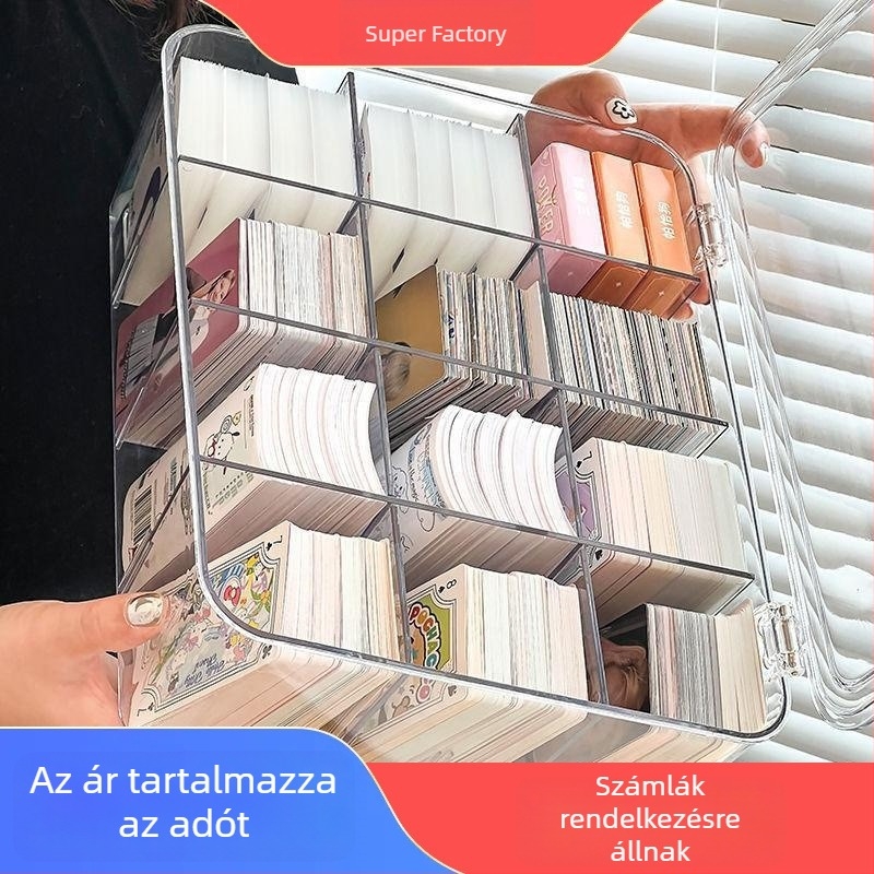Flip fedeles kártyatartó doboz, 12 rekesz, kártyaállvány, méretek 30,5 × 25 × 10,5 cm, PET anyag