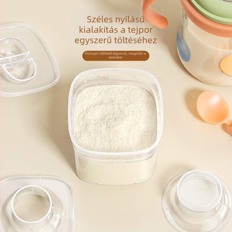 Hordozható tejpor tároló doboz és babaétel szétválasztott rekeszekkel és zárható nedvességálló üvegekkel