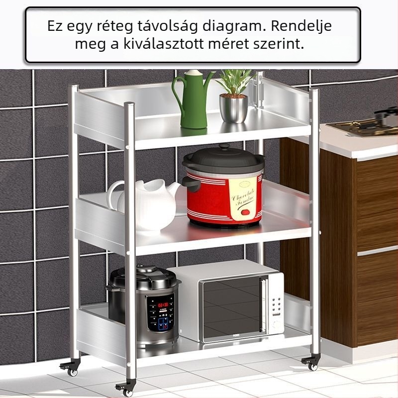 Vastagított rozsdamentes acél konyhai padlón álló állvány, több szintű, háztartási használatra, mikrohullámú sütő és edények számára, levehető tárolópolccal