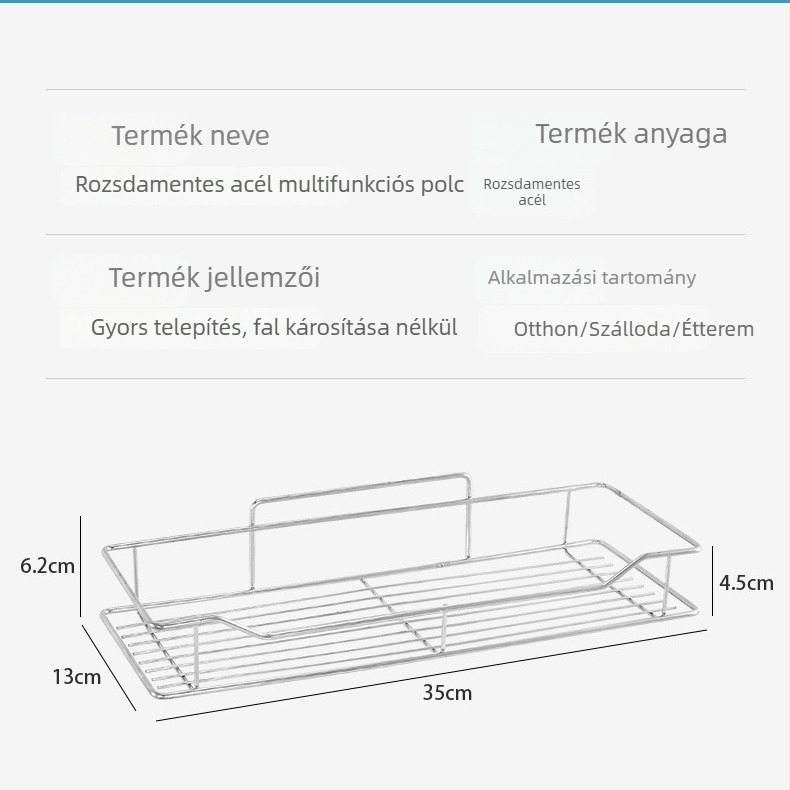 Rozsdamentes acél falra szerelhető tároló polc fürdőszobába és konyhába – fúrás nélküli telepítés