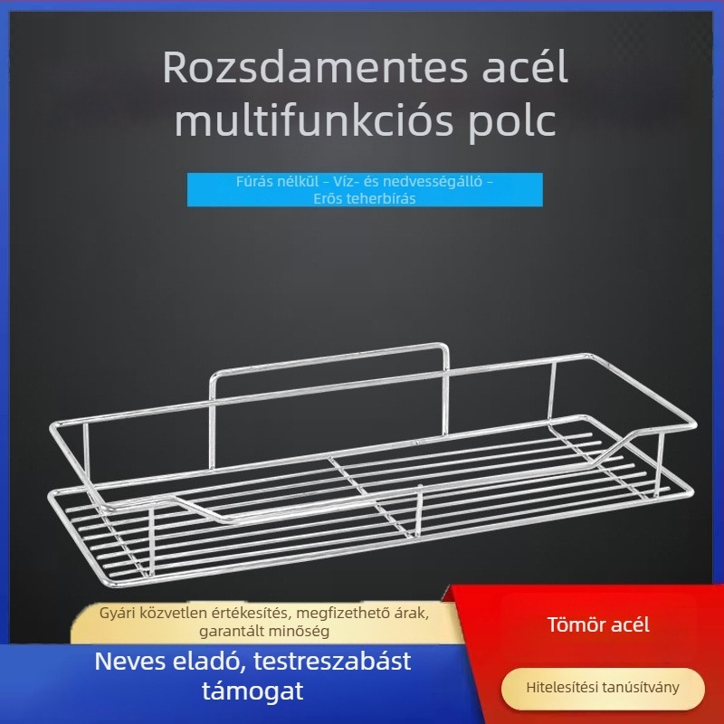 Rozsdamentes acél falra szerelhető tároló polc fürdőszobába és konyhába – fúrás nélküli telepítés