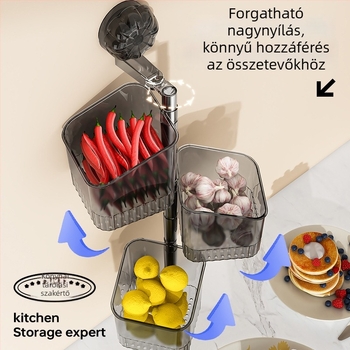 Háromszintes falra szerelhető vákuumos rögzítésű fűszertartó hagyma, gyömbér és fokhagyma számára